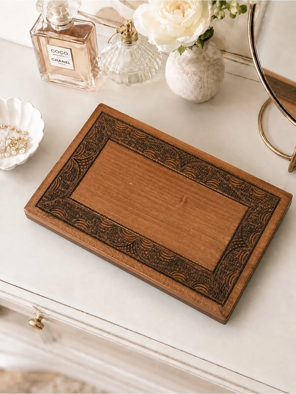 Hand Carved Wood Box with hinged Lid